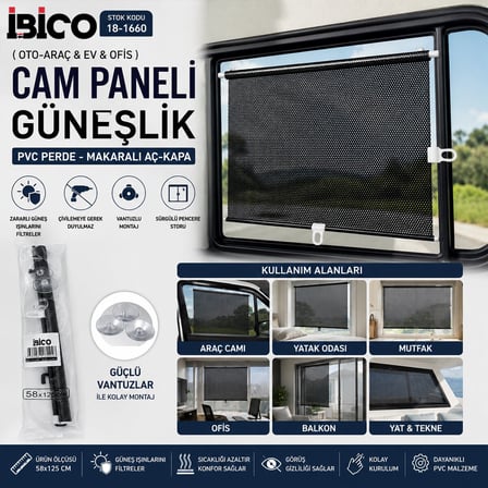 İbico İ13-144 Makaralı Cam Güneşliği 58x125 cm - PVC Perde Vantuzlu
