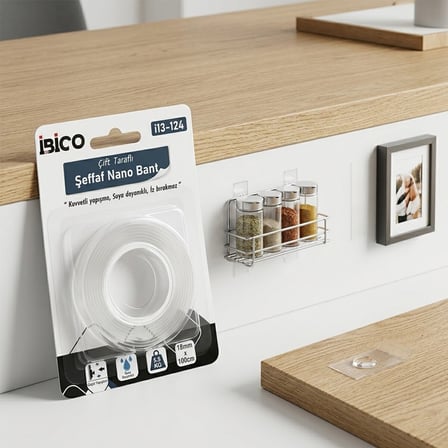 İbico İ13-124 Nano Bant Şeffaf Çift Taraflı 1.8 cm x 1 m - Maksimum 5.5 kg- 12'li Paket