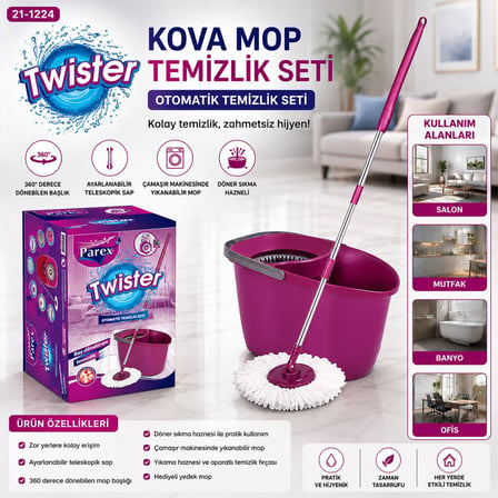 Parex 723691 Twister Otomatik Mop Temizlik Seti ve Kovası - Multi Temizlik Fırçalı