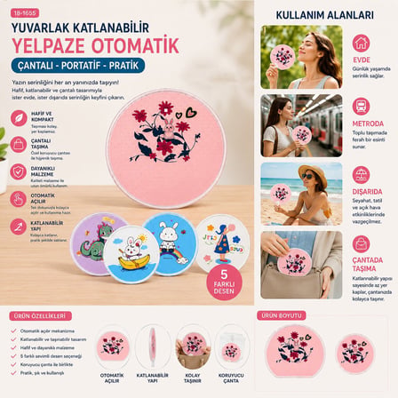 KRD Home ZZ-796-A-B Yuvarlak Katlanabilir Otomatik Yelpaze - Çantalı- 100'li Paket