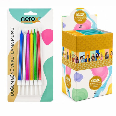 Nerox NRX-3016 Renkli Doğum Günü Mumu - 6'lı Beyaz Plastik Tutacaklı- 24'li Paket