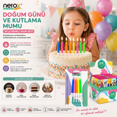 Nerox NRX-3013 Renkli Doğum Günü Mumu - 10'lu Beyaz Plastik Tutacaklı- 24'li Paket