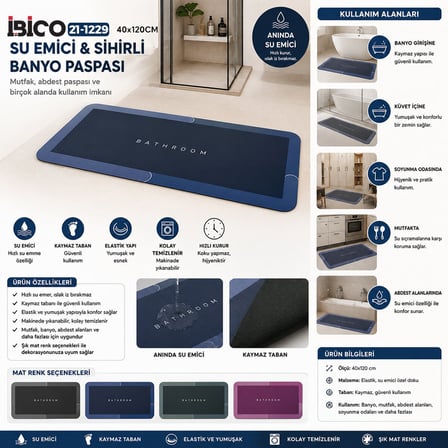 İbico İ21-158 Su Emici Sihirli Banyo Paspası - Dikdörtgen Mat Renkler 40x120 cm Elastik