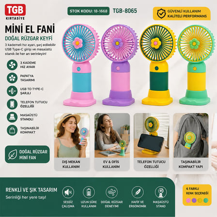 TGB-8065 Mini El Fanı - USB Type-C Şarjlı 3 Kademe Hız Masa Üstü Ayaklı Renkli