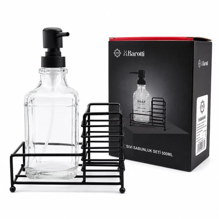 Barotti DMR-9779 Cam Şişe Sıvı Sabunluk Seti 500 ml - Siyah Metal Standlı