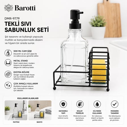 Barotti DMR-9779 Cam Şişe Sıvı Sabunluk Seti 500 ml - Siyah Metal Standlı