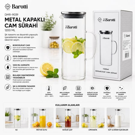 Barotti DMR-9039 Metal Kapaklı Borosilikat Cam Sürahi 1200 ml- 12'li Paket