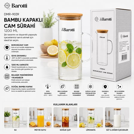 Barotti DMR-9039 Bambu Kapaklı Borosilikat Cam Sürahi 1200 ml- 12'li Paket
