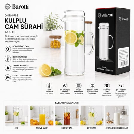 Barotti DMR-9795 Cam Kapaklı Düz Borosilikat Cam Sürahi 1200 ml- 12'li Paket