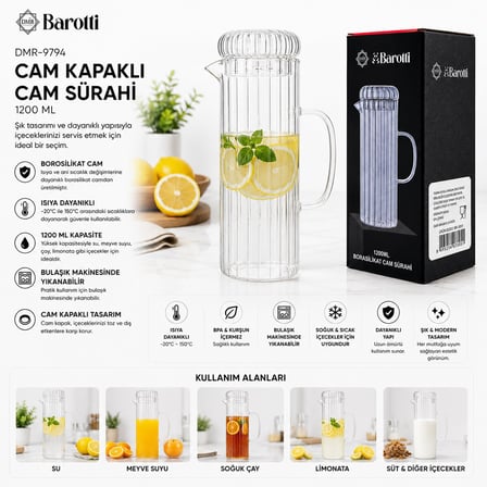 Barotti DMR-9794 Cam Kapaklı Borosilikat Cam Sürahi 1200 ml- 12'li Paket