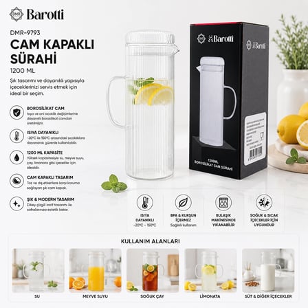Barotti DMR-9793 Cam Kapaklı Çizgili Desen Borosilikat Cam Sürahi 1200 ml- 12'li Paket