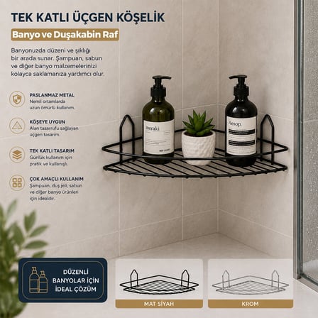 KRT-1147 Eko Banyo Köşelik ve Duşakabin Rafı Tek Katlı Üçgen - Siyah Metal