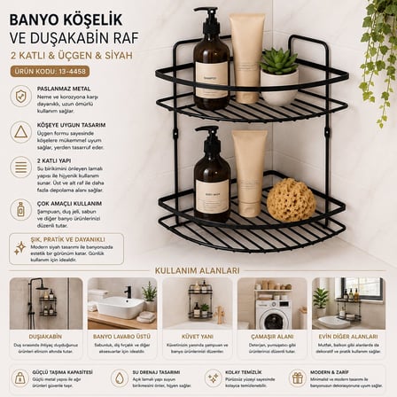 Leva House LKO-2 Lamalı Metal Banyo Köşeliği - 2 Katlı Üçgen Duşakabin Rafı Siyah- 12'li Paket