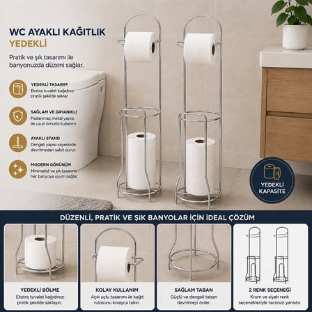 Leva House AWC Ayaklı WC Kağıtlık - Krom Metal Yedekli