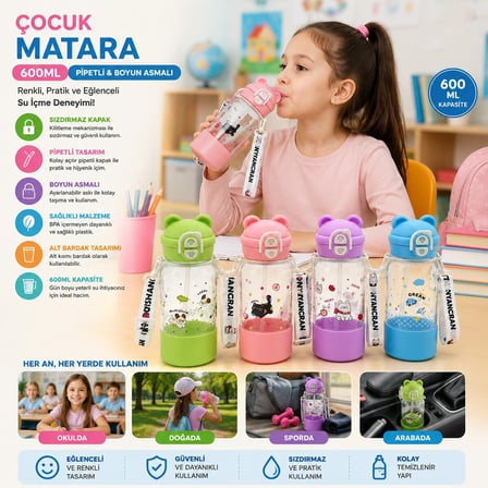 Yakut 14004 Altı Bardaklı Çocuk Matarası 600 ml - Renkli, Boyun Askılı, Pipetli Plastik