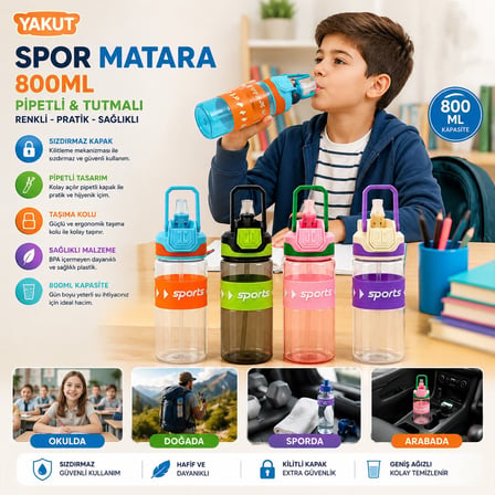 Yakut 14005 Tutmalı Spor Matara 800 ml - Renkli Plastik, Pipetli