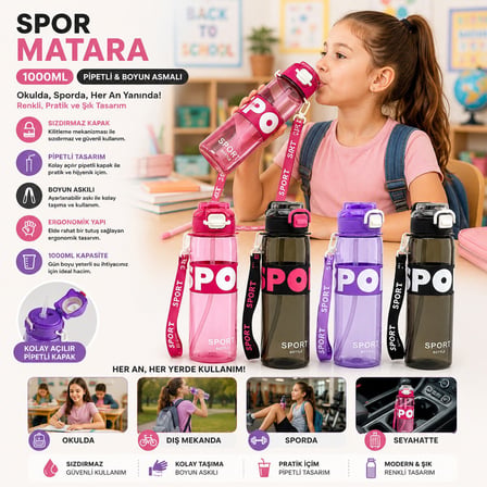 Yakut 14013 Boyun Askılı Spor Matara 1000 ml - Renkli Plastik, Pipetli