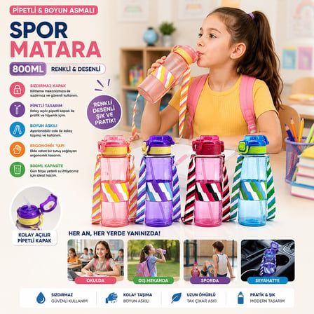 Yakut 14014 Desenli Boyun Askılı Spor Matara 800 ml - Renkli Plastik, Pipetli
