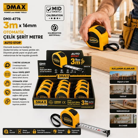 DMax DMX-4776 Otomatik Çelik Şerit Metre - 3 m x 16 mm Stoplu- 12'li Paket