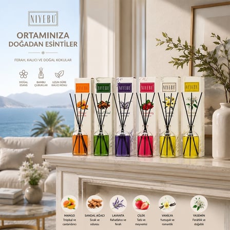 Niyebu 100 ml Bambu Çubuklu Ortam Kokusu - 4 Çubuklu Cam Şişe Mix Koku- 24'li Paket