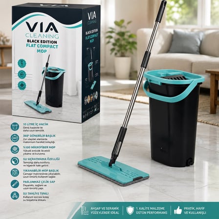 Via VMT-213 Kova Mop Temizlik Seti 10 lt - 360° Dönebilir Sap ve Mikrofiber Bez