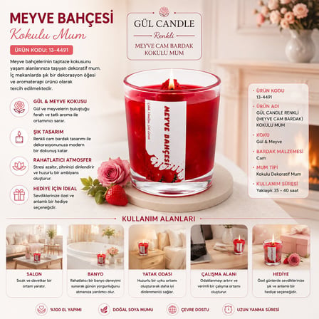 Gül Mum Candle Çilek Kokulu Mum - Cam Bardaklı Meyve Kokulu- 12'li Paket