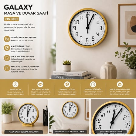 Galaxy MS-500-A-G-K Masa ve Duvar Saati - Gold, Gri ve Siyah, Sessiz Akar, Pilli, 17 cm- 20'li Paket