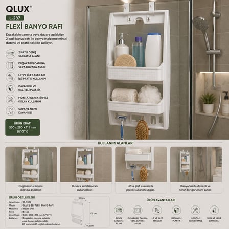 Qlux L-00287 Flexi Plastik Banyo Rafı - 2 Katlı Askılı Şampuanlık- 8'li Paket