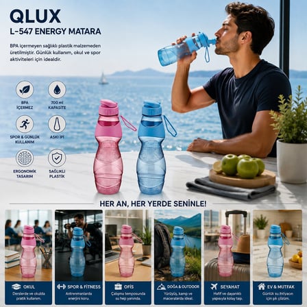 Qlux L-00547 Energy Renkli Plastik Matara 700 ml- 16'li Paket