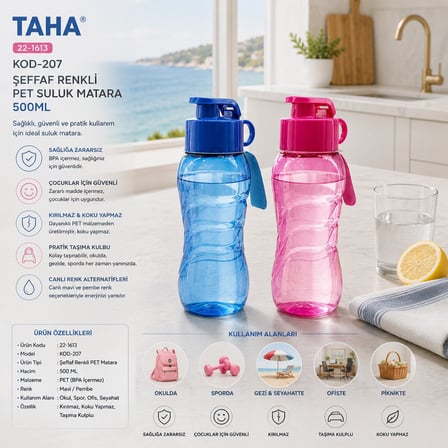 Taha Kod-207 Şeffaf Renkli Pet Suluk Matara 500 ml- 24'li Paket