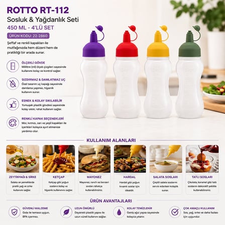Rotto RT-112 Yağdanlık ve Sosluk 450 ml - Şeffaf Ölçekli Plastik Şişe, Renkli Kapak- 24'li Paket
