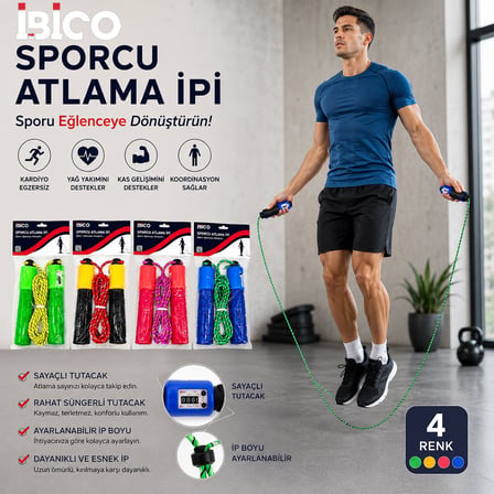 İbico İ19-018 Sayaçlı Atlama İpi - Süngerli Plastik Tutacaklı Renkli İp- 12'li Paket