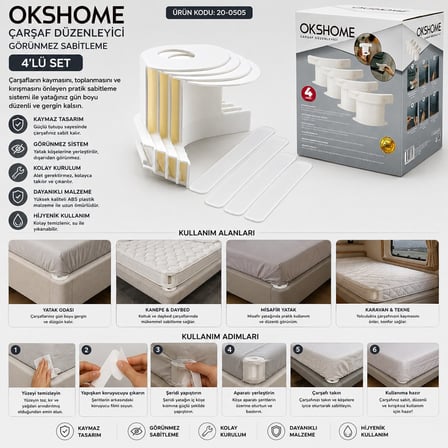 Okshome OKS-CRS-01 Çarşafmatik Çarşaf Sabitleyici - 4'lü Köşelik Kaymaz Tasarım- 24'li Paket