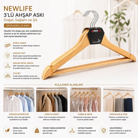 Newlife CLKN-141 Hortumlu Ahşap Elbise Askısı 3'lü Set