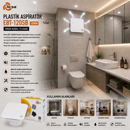 Ni-Sa EBT-120SB Plastik Banyo Aspiratörü 120 mm 16W - 1900 rpm, Beyaz