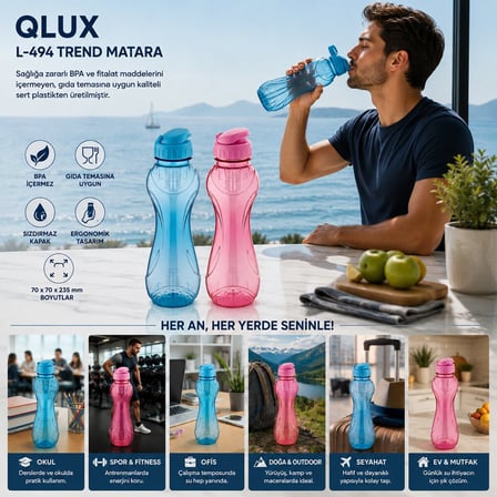 Qlux L-00494 Trend Renkli Plastik Matara 700 ml- 16'li Paket