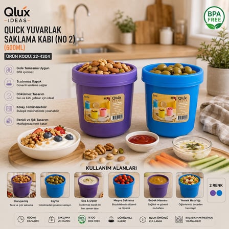 Qlux L-01015 No-2 Quick Yuvarlak Saklama Kabı ve Kase - Kapaklı Renkli 600 ml- 12'li Paket