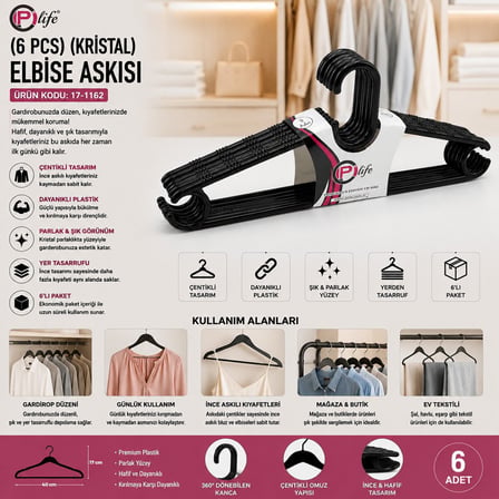 Pi Life Pİ-847 Kristal ve Siyah Plastik Elbise Askısı 6'lı Set- 24'li Paket