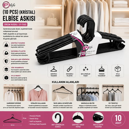 Pi Life Pİ-844 Kristal ve Siyah Elbise Askısı 10'lu Set- 24'li Paket