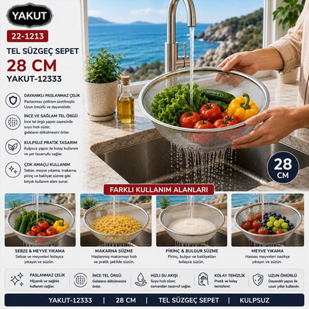 Yakut 12333 Kulpsuz Tel Süzgeç Sepet 28 cm