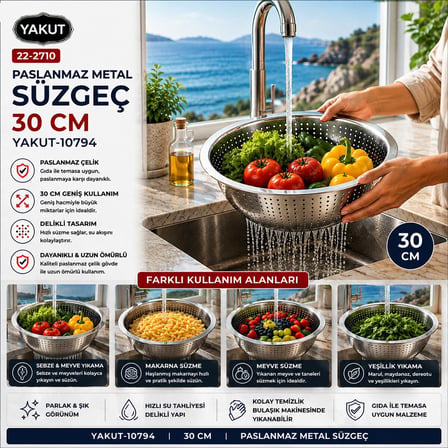 Yakut 10794 Kulpsuz Paslanmaz Metal Sepet Süzgeç 30 cm