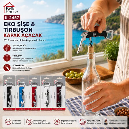 Bella House K-2457 3 Fonksiyonlu Eko Şişe Tirbuşon ve Kapak Açacak- 20'li Paket