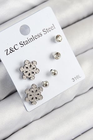 316L Çelik Zirkon Taşlı Kar Tanesi Model Gümüş Renk Kadın Set Küpe TJ-BKP11121