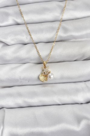 316L Çelik Zincir Gold Renk Deniz Kabuğu ve Deniz Yıldızı Model Zirkon Taşlı Kadın Kolye - TJ-BKO10841
