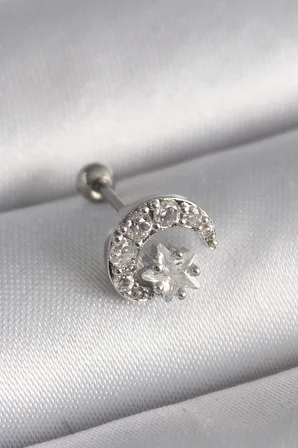 316L Çelik Gümüş Renk Zirkon Taşlı Ay Yıldız Tragus Piercing TJ-PR1257