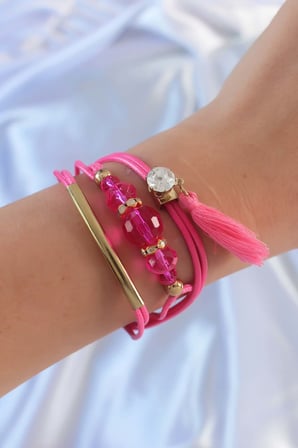 Pembe Zirkon Taşlı İpli Püskül Detay Çoklu Bileklik TJ-BB6360