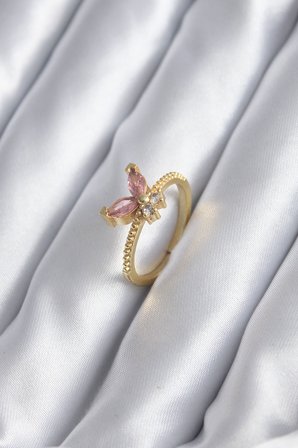 Gold Renk Pembe Zirkon Taşlı Model Kadın Yüzük TJ-BYK2842