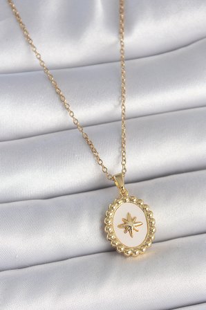 316L Çelik Gold Renk Zincir Beyaz Mineli Kutup Yıldız İşlemeli Madalyon Model Kadın Kolye TJ-BKO10063