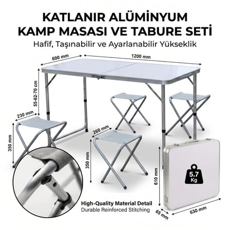 Katlanabilir Alüminyum Kamp Masası ve 4 lü Tabure Seti