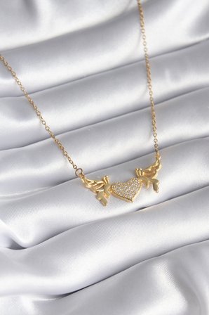 316L Çelik Gold Renk Zirkon Taşlı Kanatlı Kalp Model Kadın Kolye TJ-BKO8290